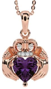 Diamond Alexandrite Rose Gold Silver Claddagh Necklace