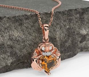 Diamond Citrine Rose Gold Silver Claddagh Necklace