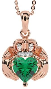 Diamond Emerald Rose Gold Silver Claddagh Necklace