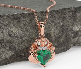 Diamond Emerald Rose Gold Silver Claddagh Necklace