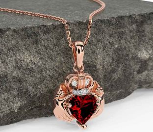 Diamond Garnet Rose Gold Silver Claddagh Necklace
