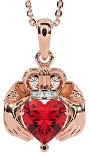 Diamond Ruby Rose Gold Silver Claddagh Necklace