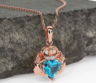 Diamond Topaz Rose Gold Silver Claddagh Necklace