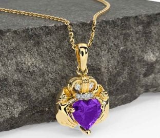 Diamond Amethyst Gold Silver Claddagh Necklace