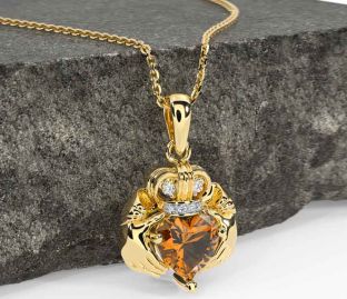 Diamond Citrine Gold Silver Claddagh Necklace
