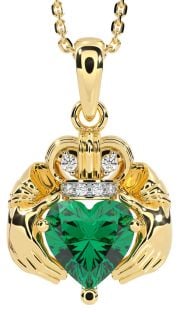 Diamond Emerald Gold Silver Claddagh Necklace