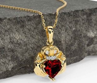 Diamond Garnet Gold Silver Claddagh Necklace