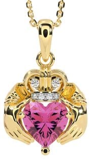 Diamond Pink Tourmaline Gold Silver Claddagh Necklace