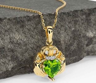 Diamond Peridot Gold Silver Claddagh Necklace