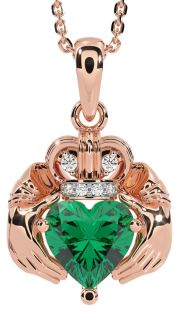 Diamond Emerald Rose Gold Claddagh Necklace