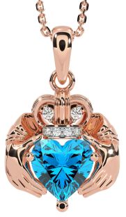 Diamond Topaz Rose Gold Claddagh Necklace