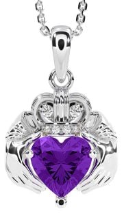 Diamond Amethyst Silver Claddagh Necklace