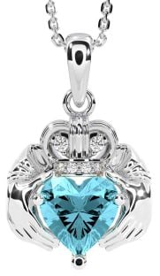 Diamond Aquamarine Silver Claddagh Necklace