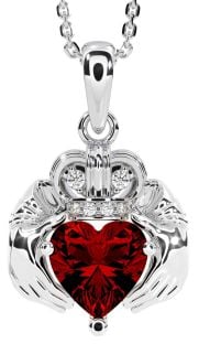 Diamond Garnet Silver Claddagh Necklace