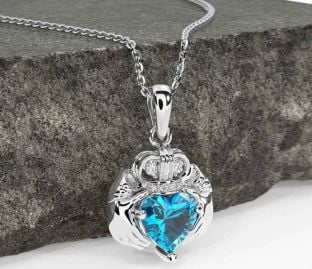 Diamond Topaz Silver Claddagh Necklace