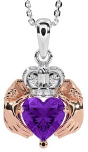 Diamond Amethyst Rose Gold Silver Claddagh Necklace