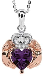 Diamond Alexandrite Rose Gold Silver Claddagh Necklace