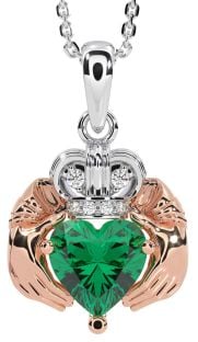 Diamond Emerald Rose Gold Silver Claddagh Necklace