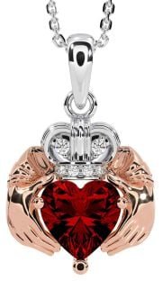 Diamond Garnet Rose Gold Silver Claddagh Necklace