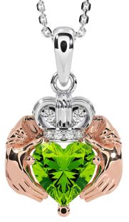 Diamond Peridot Rose Gold Silver Claddagh Necklace