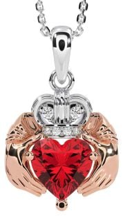 Diamond Ruby Rose Gold Silver Claddagh Necklace