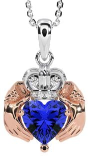 Diamond Sapphire Rose Gold Silver Claddagh Necklace