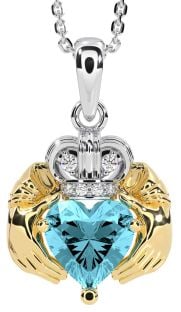 Diamond Aquamarine Gold Silver Claddagh Necklace