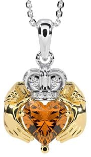 Diamond Citrine Gold Silver Claddagh Necklace