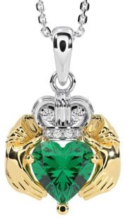 Diamond Emerald Gold Silver Claddagh Necklace