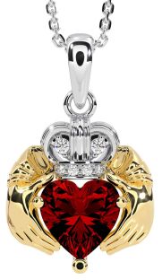 Diamond Garnet Gold Silver Claddagh Necklace