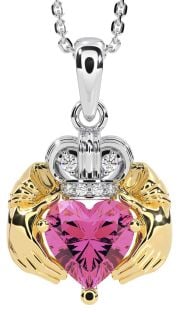 Diamond Pink Tourmaline Gold Silver Claddagh Necklace