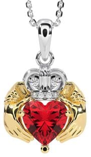 Diamond Ruby Gold Silver Claddagh Necklace