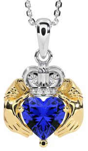 Diamond Sapphire Gold Silver Claddagh Necklace