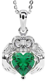 Diamond Emerald White Gold Claddagh Necklace