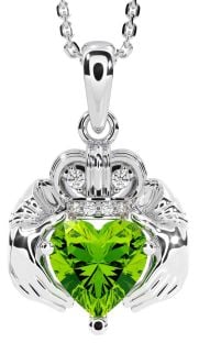 Diamond Peridot White Gold Claddagh Necklace