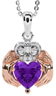 Diamond Amethyst White Rose Gold Claddagh Necklace