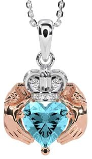 Diamond Aquamarine White Rose Gold Claddagh Necklace