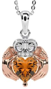 Diamond Citrine White Rose Gold Claddagh Necklace