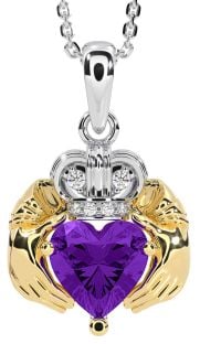 Diamond Amethyst White Yellow Gold Claddagh Necklace