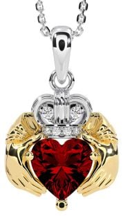 Diamond Garnet White Yellow Gold Claddagh Necklace