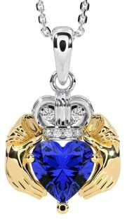 Diamond Sapphire White Yellow Gold Claddagh Necklace