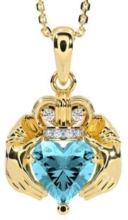 Diamond Aquamarine Gold Claddagh Necklace