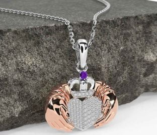 Diamond Amethyst Rose Gold Silver Claddagh Necklace
