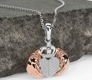 Diamond Rose Gold Silver Claddagh Necklace