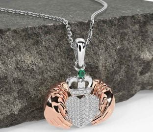 Diamond Emerald Rose Gold Silver Claddagh Necklace