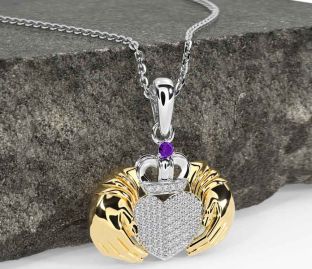 Diamond Amethyst Gold Silver Claddagh Necklace