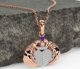 Diamond Amethyst Rose Gold Silver Claddagh Necklace