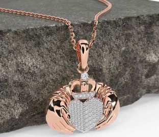 Diamond Rose Gold Silver Claddagh Necklace