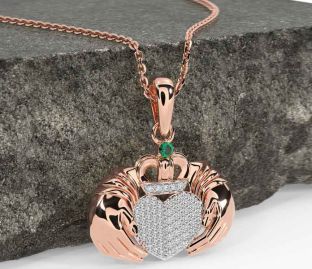 Diamond Emerald Rose Gold Silver Claddagh Necklace