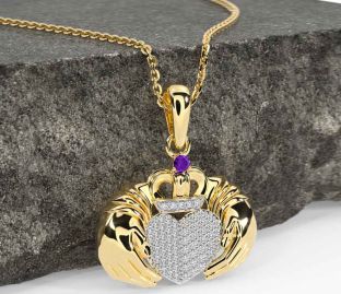 Diamond Amethyst Gold Silver Claddagh Necklace